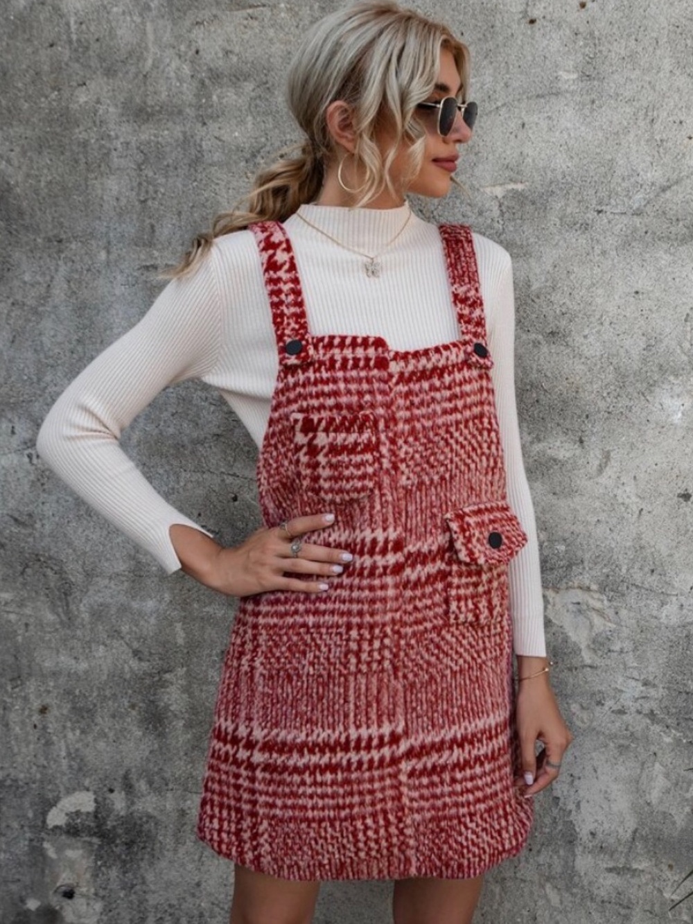 NWT Thick Fuzzy Lined Red Plaid Houndstooth Overalls Pinafore Dress Sz S